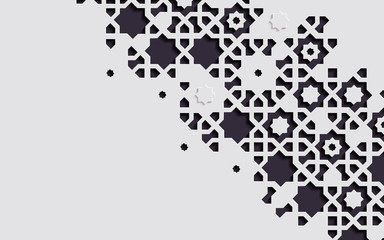 Islamic arabesque design greeting card for Ramadan Kareem, Arabic ornamental black and white detail of mosaic