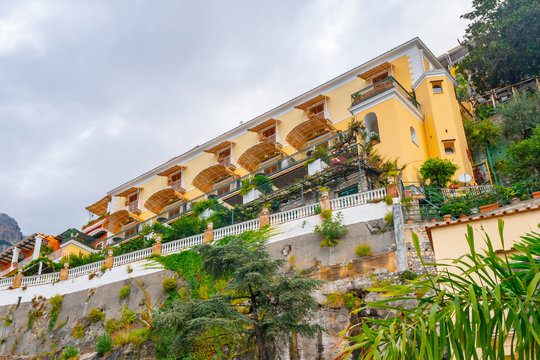 Typical narrow street and colorful houses in city of Positano, Amalfi coast