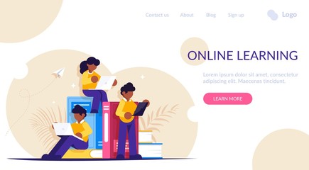 Distance or online learning. People with portable electronic devices stand near a stack of books. Modern flat vector illustration.