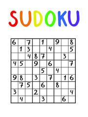 Classical sudoku nine by nine for kids and adults. Logical number game. Black and white puzzle with colorful title. Logic math worksheet. Brainteaser from one to nine on white. Printable paper game.