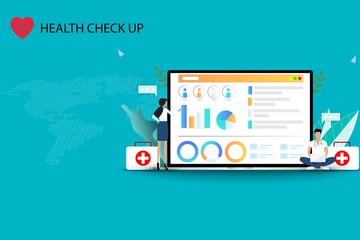 Concept of medical health check up, two doctors are working on a big screen of laptop to plan the medical health check up to treat the patients in green color background.