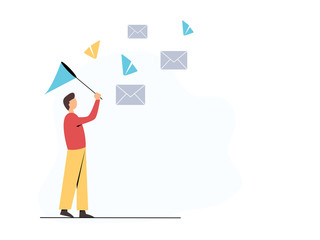 Men with butterfly net catch emails. Vector concept of online mailing, correspondence. Waiting for mail. Trendy illustration in a flat style.