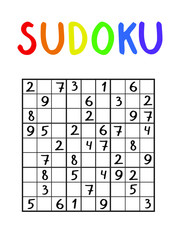 Classical sudoku game stock vector illustration. Nine by nine middle sudoku level puzzle without answers. Black and white logic number puzzle with colorful title. Sudoku stock vector illustration.