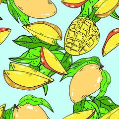 Seamless vector pattern with mango and branch with leaves on white blue background. Wallpaper, fabric and textile design. Good for printing. Cute wrapping paper pattern with fruits.