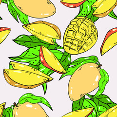 Seamless vector pattern with mango and branch with leaves on white pink background. Wallpaper, fabric and textile design. Good for printing. Cute wrapping paper pattern with fruits.