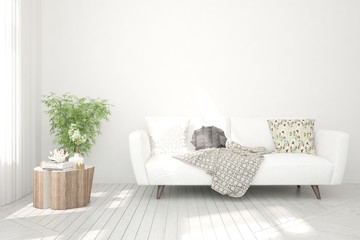 White living room with sofa. Scandinavian interior design. 3D illustration