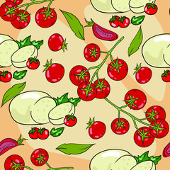 Seamless vector pattern with tomatoes and mozzarella cheese on beige background. Wallpaper, fabric and textile design. Cute wrapping paper pattern with delicious Italian food. Good for printing.