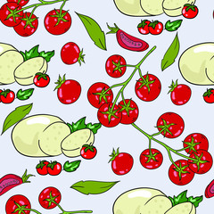 Seamless vector pattern with tomatoes and mozzarella cheese on grey background. Wallpaper, fabric and textile design. Cute wrapping paper pattern with delicious Italian food. Good for printing.