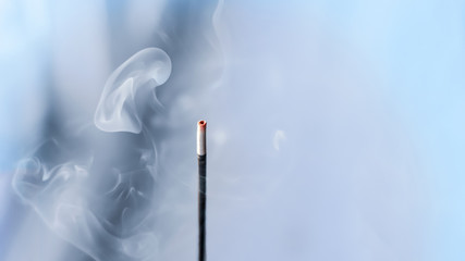 incense smoke. smoldering piece of wood . incense sticks in blue lighting. aromatic smoke . - obrazy, fototapety, plakaty