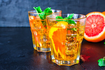 grapefruit lemonade with ice
Menu concept, food background, keto or paleo diet. top view. copy space for text