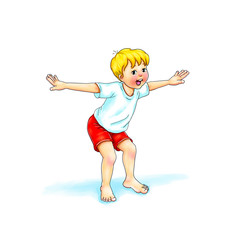 Kids Yoga - Joga für Kinder, Asana Biene, horizontal Banner Design Concept Cartoon. Junge barfuß in Yoga Haltung, macht fröhliches Gesicht. Yogi Logo auf Hintergrund in weiß.