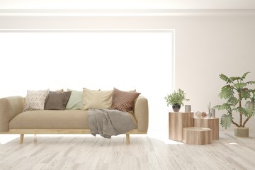 White living room with sofa. Scandinavian interior design. 3D illustration