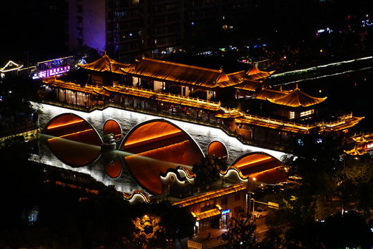 Night view on Anshun bridge, Chengdu, China.
