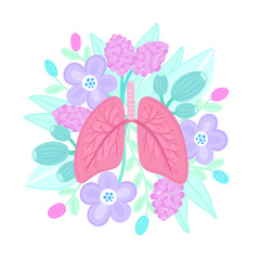 Vector healthy lungs on flowers. Illustration for label, advertisement of pulmonary medicine, poster or banner for pulmonology clinic, design for website or article about respiratory system health