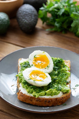 Avocado healthy toast with boiled egg. Square wholegrain bread toast.