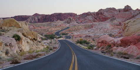 Road to horizon in Valley of Fire. Shot right after sunset.