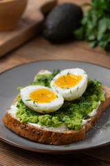 Avocado healthy toast with boiled egg. Square wholegrain bread toast.