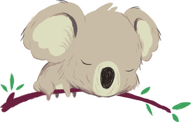 The cute cartoon character. 
Koala sleeping on a branch. Australian animals to lie. Lazy cartoon character.