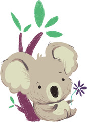 The cute cartoon character. 
Koala sitting under a tree. Australian animals with flower. Lazy cartoon character.