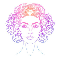 Illustration of Aries astrological sign as a beautiful girl. Zodiac vector gradient drawing isolated over white. Future telling, horoscope, alchemy, spirituality. Coloring book for adults.