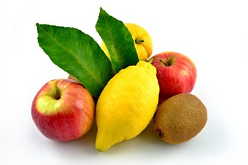 Mix of fruits, two yellow lemons, two red apples, one brown kiwi. Green lemon leaves.