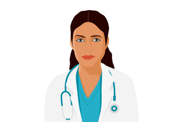 Fototapeta premium Indian ethnicity female doctor. Adult woman wearing white coat and stethoscope. Vector.