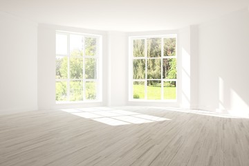 Stylish empty room in white color with summer landscape in window. Scandinavian interior design. 3D illustration