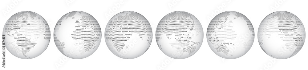 Poster set of six options for different locations of the globe, constructed from little hexagons. isolated.