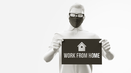 Novel coronavirus COVID-2019. 3d render man in white color in black mask on a white background. Virus 2019-nCoV logo. Stay at home. Work from home. Medical mask. Thanks for your watching