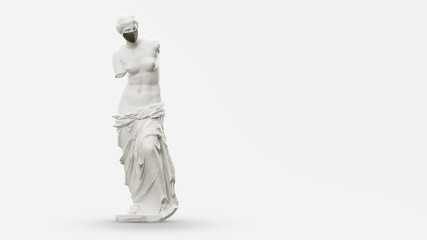 Novel coronavirus COVID-2019. White statue of Venus symbolizes masked man on a white background. Virus 2019-nCoV logo. Stay at home challenge. Medical mask and virus protection. 3d render illustration