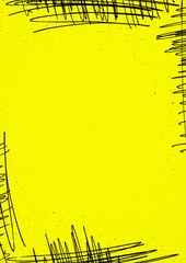 A vibrant yellow portrait retro design background with scribble strokes in the corners and a color halftone dot pattern
