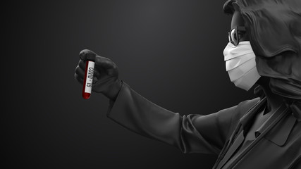 Novel coronavirus COVID-2019. 3d render woman in black color in white mask on a black background. Virus 2019-nCoV logo. Stay at home. Work from home. Medical mask. Thanks for your watching.