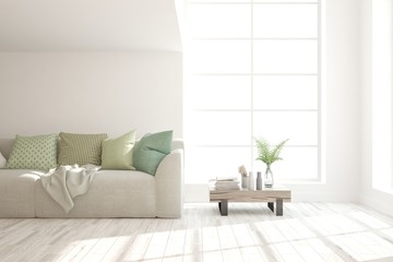 White living room with sofa. Scandinavian interior design. 3D illustration