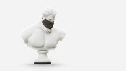 Coronavirus COVID-2019. White statue of Hercules symbolizes masked man on a white background. Virus 2019-nCoV logo. Stay at home challenge. Medical mask and virus protection. 3d render illustration