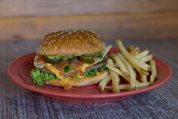 Hamburguesa casera con papas a la francesa 