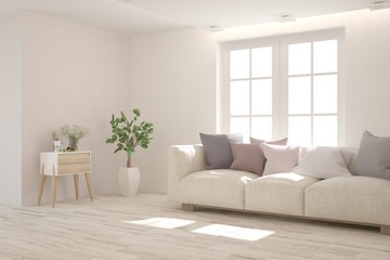 White living room with sofa. Scandinavian interior design. 3D illustration