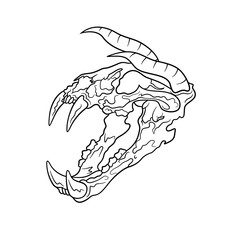 Cartoon cat skull with horns and teeth isolated on white background. Fantasy skeleton animal head from hell. Illustration for game avatar or profile picture. Blank line art for coloring book and page.