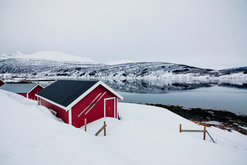 Cabaña con esquís en invierno. Islas Lofoten, Noruega