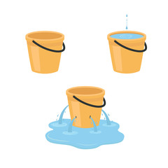 Empty, full, leaking bucket. Vector illustration isolated on white background.