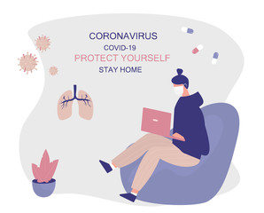 Girl Stay Home.Protect Yourself. Woman keeping Distance for Decrease Infection Risk For Prevent Virus Covid-19.
Stay Home on Quarantine During the Coronavirus Epidemic. Vector Illustration.