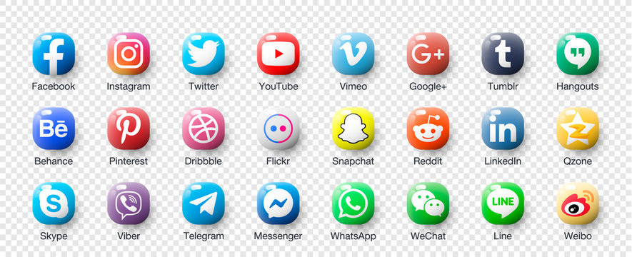 3d Set glossy of popular social app icons with shadow: facebook, instagram, twitter, viber, whatsapp, skype, youtube, telegram, messenger, snapchat, pinterest ...