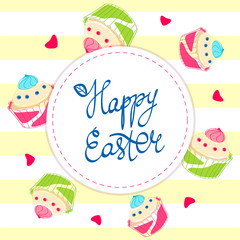 Happy Easter, festive banner. Different sweets, pastries and baking on the striped background. Easter cake, cupcake. Vector illustration of greeting card.
