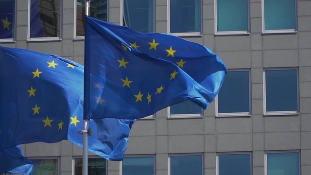 Brussels, Belgium - 04/11/2019 European Union flags wave in the wind in front of the European Commission. European cartier. Full HD, 1080p 100fps