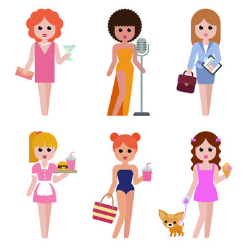 Set of women icons in flat style. Female characters in different roles. Flat design. Vector illustration