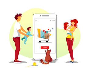 Young family and smartphone with shopping cart on the screen. Family store, Online Shopping, Home delivery concept. Vector illustration for poster, banner, advertising, commercial.