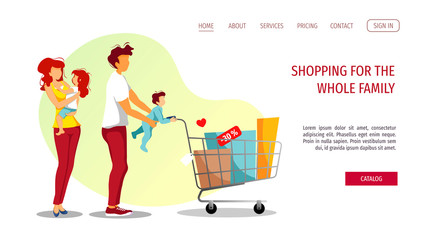 Website design template for Family store, Online Shopping, Home delivery. Young family with shopping cart. Vector illustration for poster, banner, website, commercial.