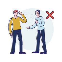 Viral Infection Protection. Infographic With Male Sneezing Character Not Covering His Mouth According Rules. Man Putting in Danger The Another Person. Cartoon Linear Outline Flat Vector Illustration