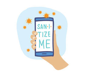 covid19 virus cells on phone with hand holding illustration