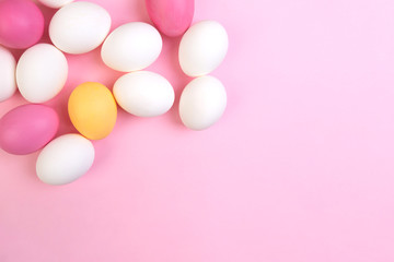 Beautiful banner with color easter eggs. Food event concept. Bright festive decor. Colorful pink background. Flat design with copy space.