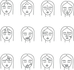 set girl with acne in the form of all the zodiac constellations (Aries, Taurus, Gemini, Cancer, Leo, Virgo, Libra, Scorpio, Sagittarius, Capricorn, Aquarius, Pisces). Vector graphics